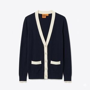 Tory Burch Simone Cardigan Navy Blue Cream Trim Wool V-Neck Preppy Old Money S